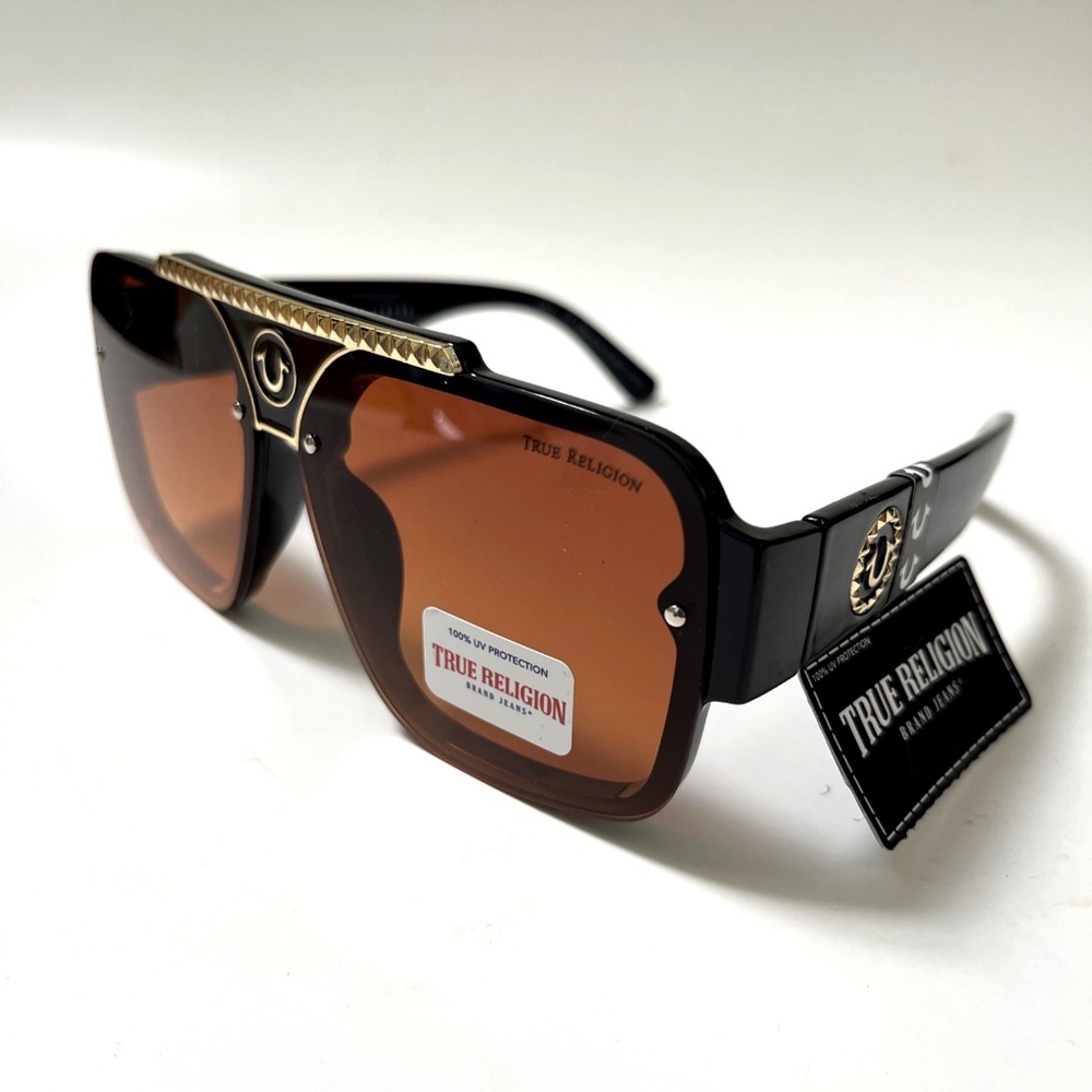 NWT TRUE RELIGION Aviator Sunglasses High Bridge Acetate Black Amber Lens Gold